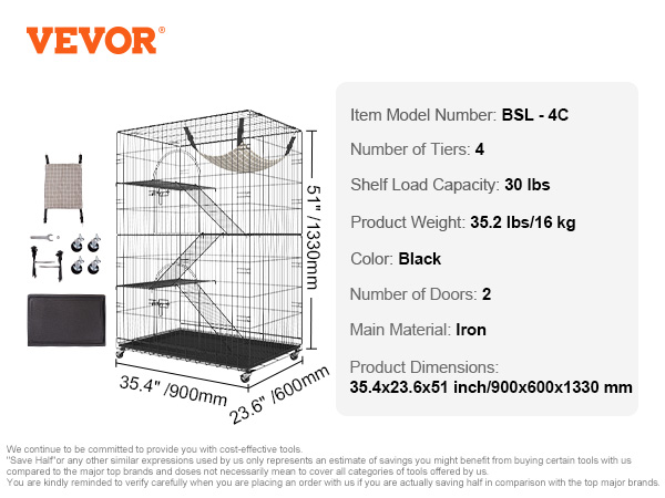 VEVOR catio with 4 tiers, 2 doors, hammock, and climbing ramps, dimensions 35.4x23.6x51 inches.