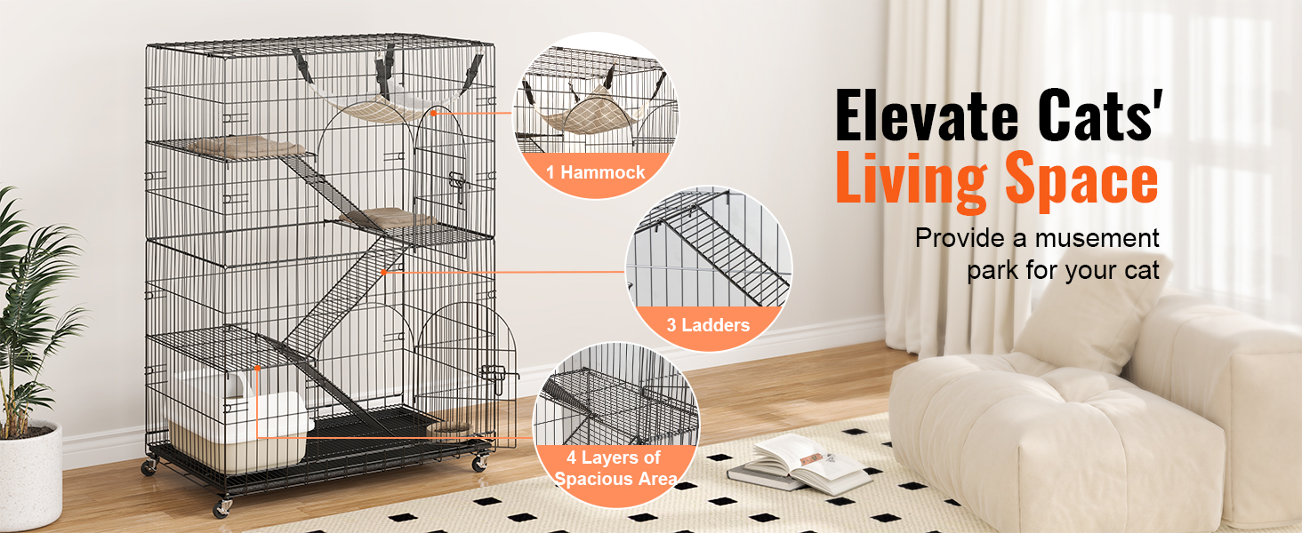 VEVOR catio with hammock, ladders, and four spacious layers in a cozy room setting.