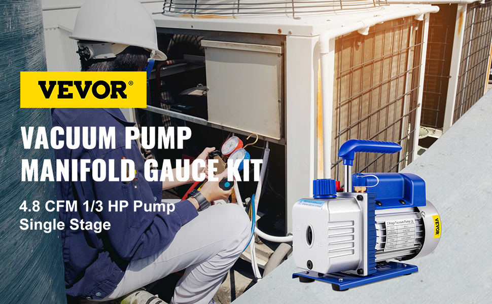 VEVOR hvac kit with 4.8 cfm 1/3 hp vacuum pump, manifold gauge usage.