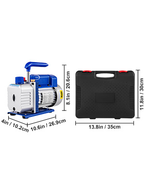 VEVOR vacuum pump hvac kit with dimensions and black carrying case.