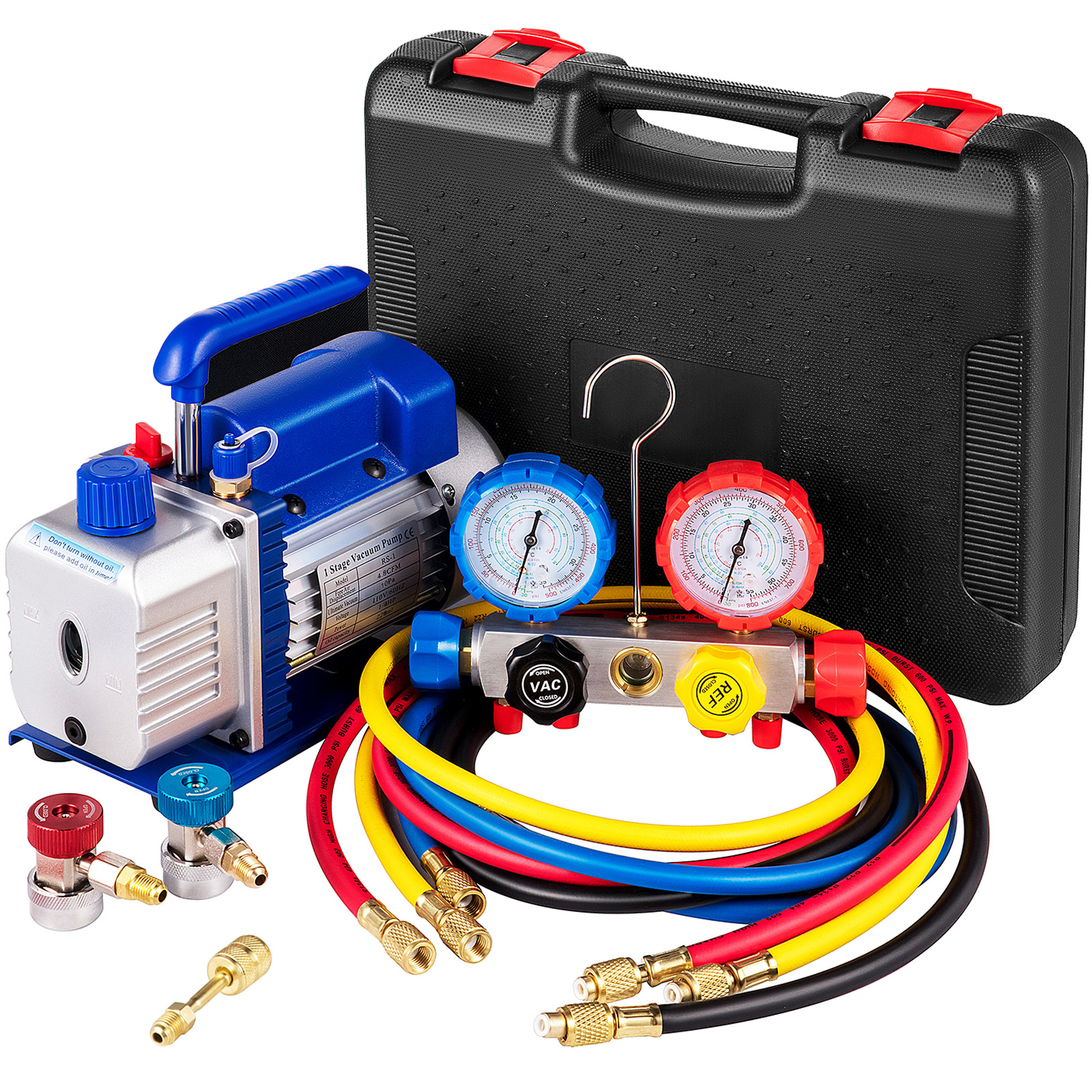 VEVOR vacuum pump hvac kit with gauges, hoses, connectors, and black carrying case.