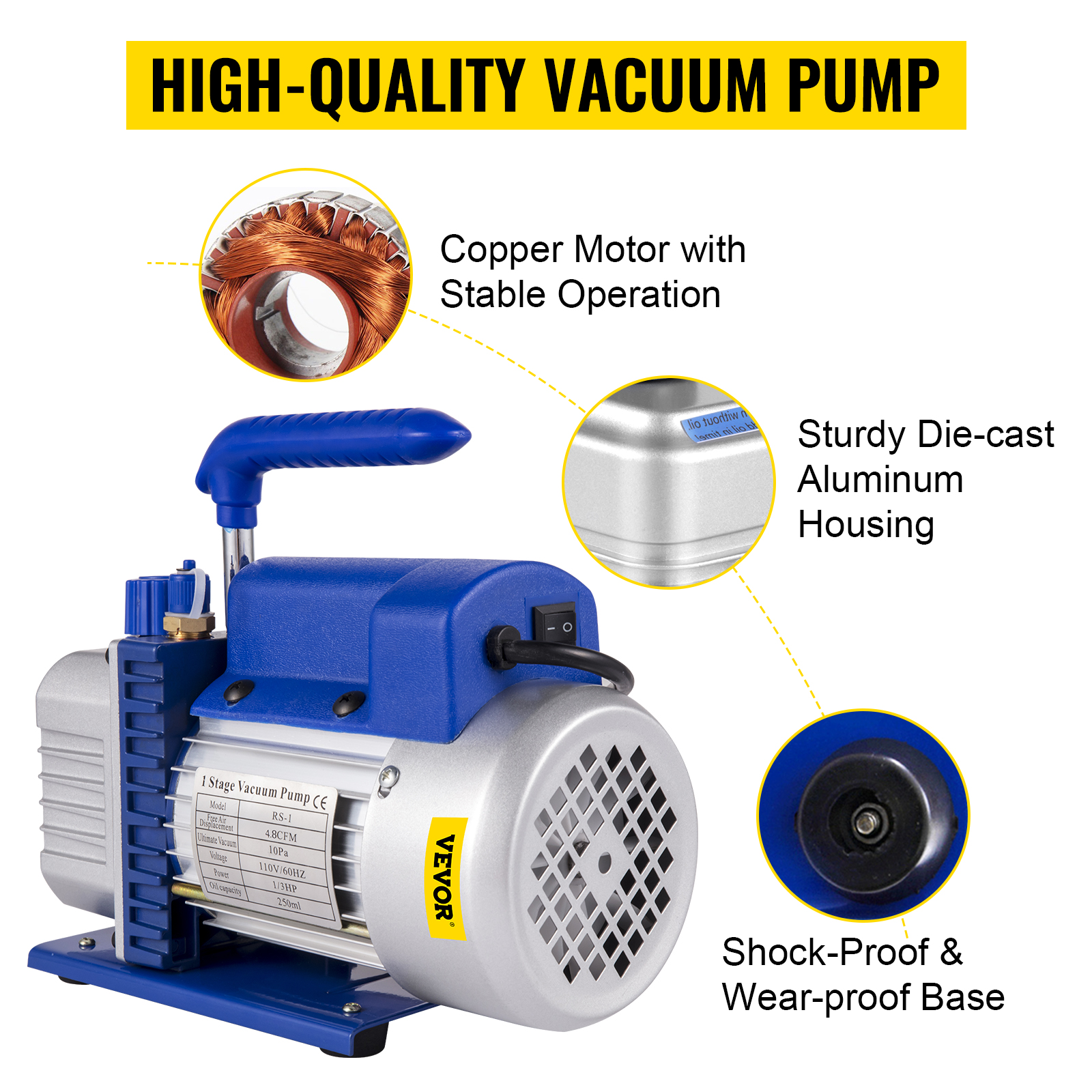 VEVOR vacuum pump hvac kit with copper motor, die-cast housing, and shock-proof base.