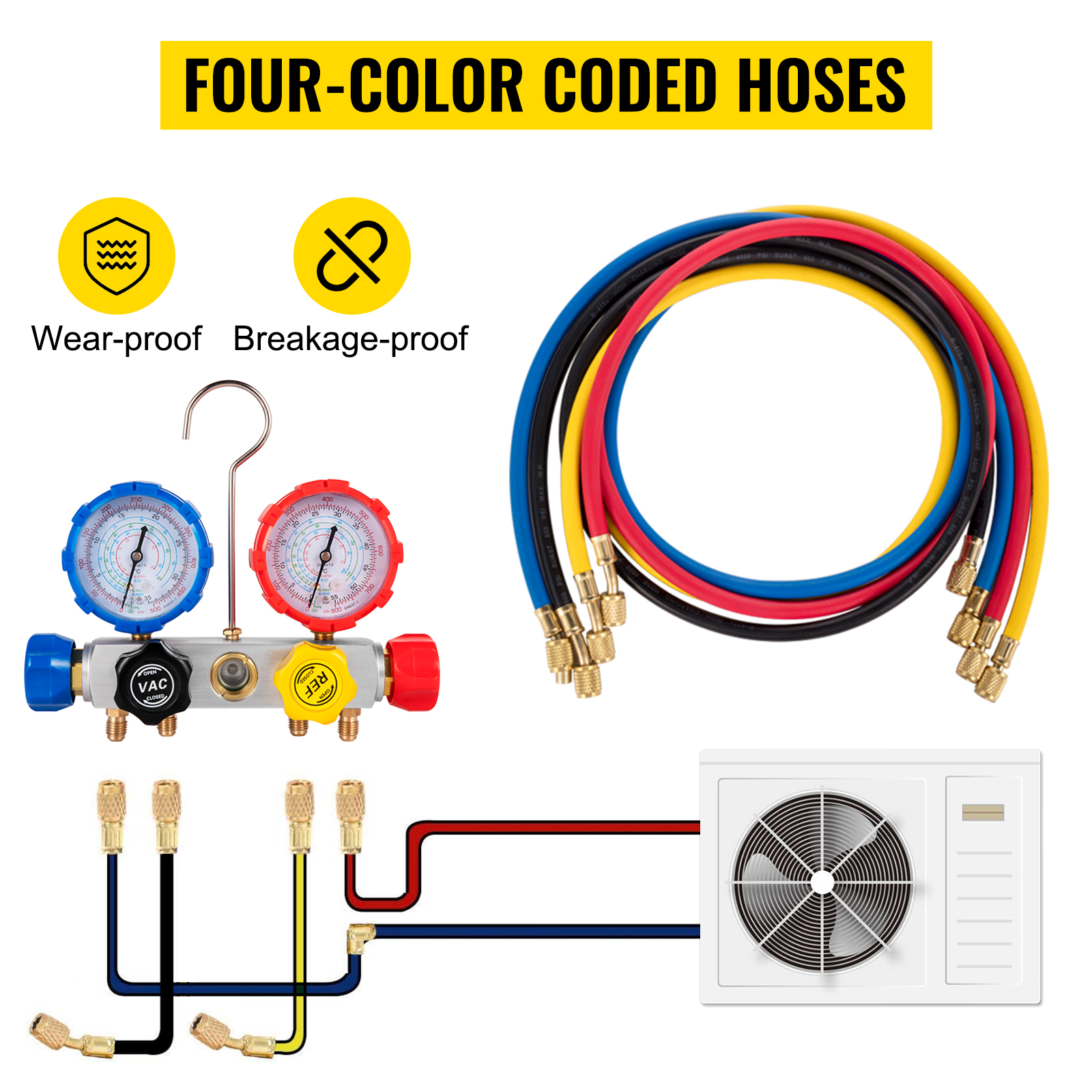 VEVOR vacuum pump hvac kit with four-color coded hoses and pressure gauges.