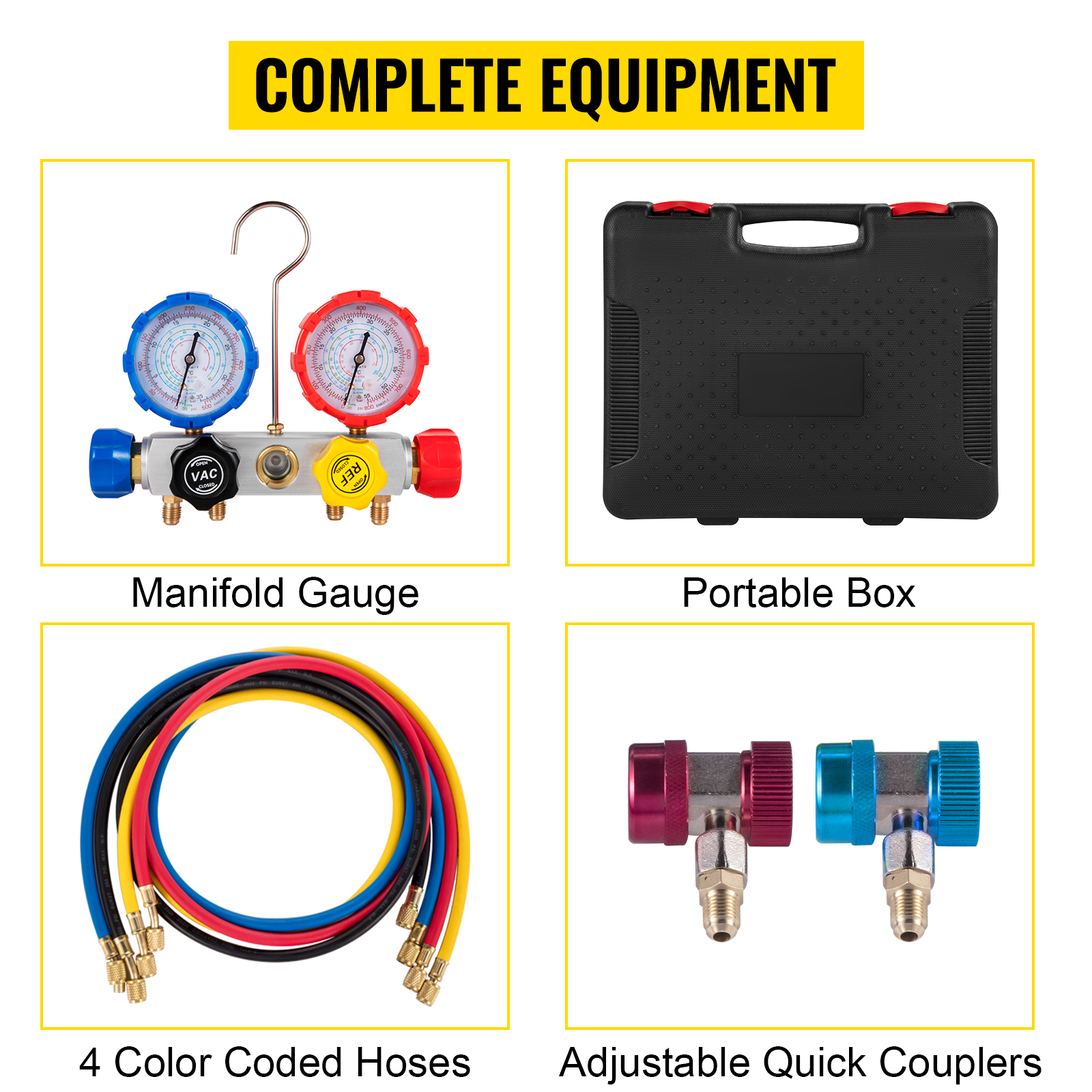 VEVOR vacuum pump hvac kit with manifold gauge, hoses, box, and quick couplers.