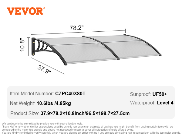 VEVOR window door awning, model czpc40x80t, 37.9x78.2x10.8 inches, waterproof, sunproof uf50+.