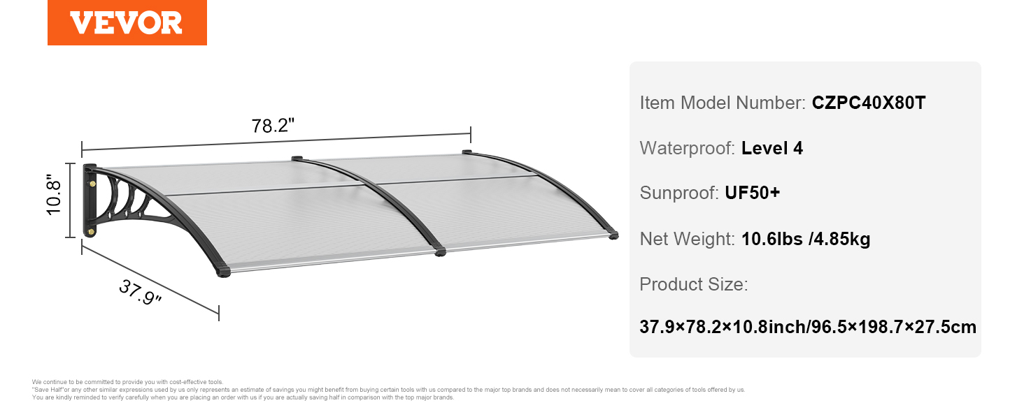 VEVOR window door awning, model czpc40x80t, 37.9x78.2x10.8 inches, waterproof, sunproof uf50+.