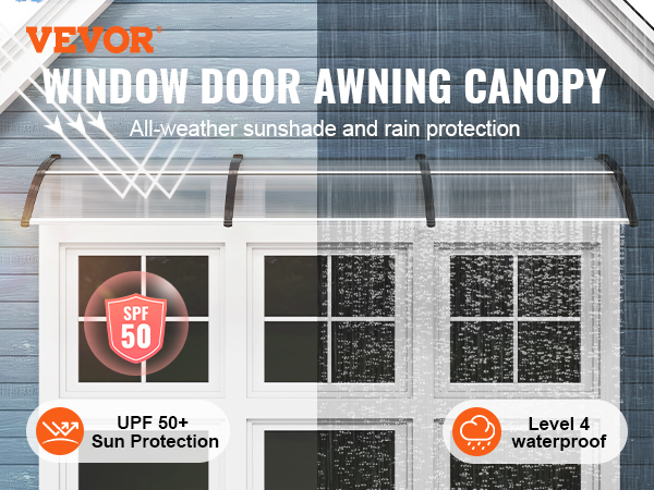 VEVOR window door awning offers upf 50+ sun protection and level 4 waterproof rain protection.