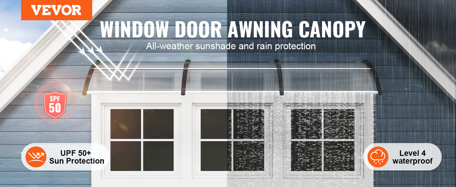 VEVOR window door awning offers upf 50+ sun protection and level 4 waterproof rain protection.