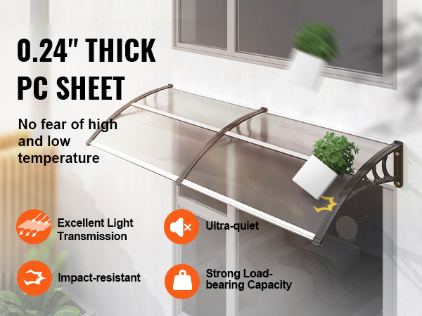 VEVOR window door awning with 0.24" thick pc sheet, highlighting ultra-quiet and impact-resistant features.