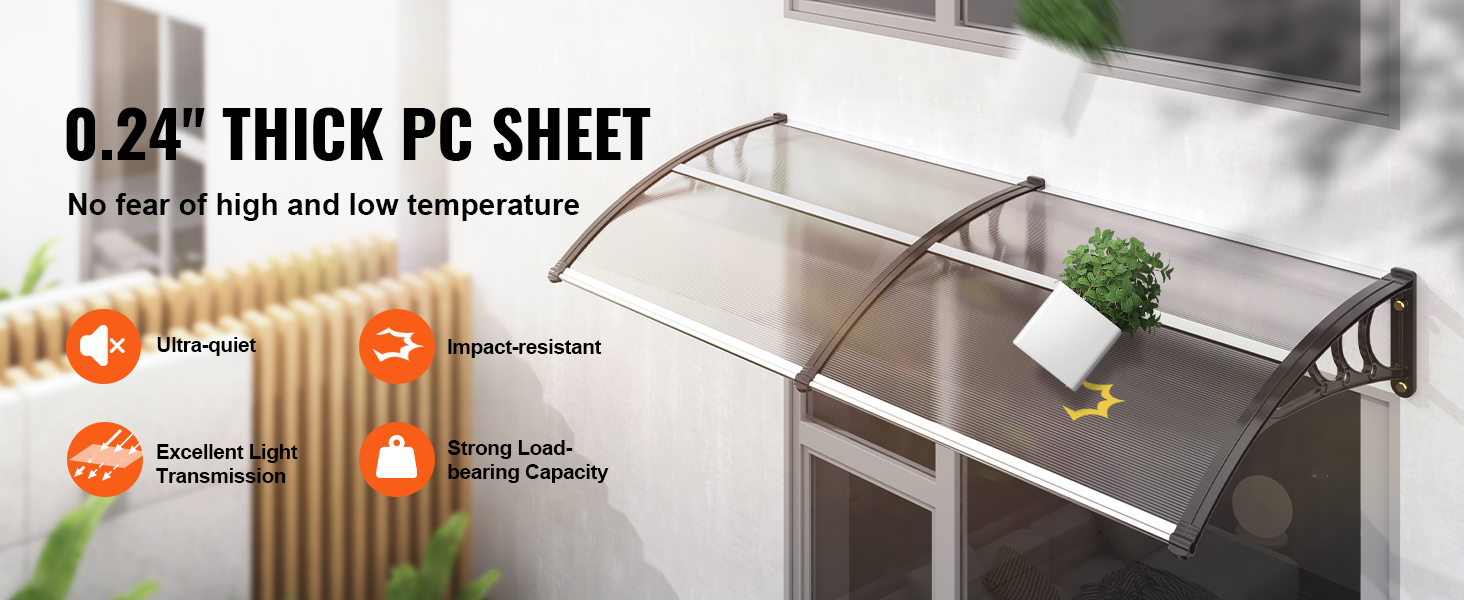 VEVOR window door awning with 0.24" thick pc sheet, highlighting ultra-quiet and impact-resistant features.