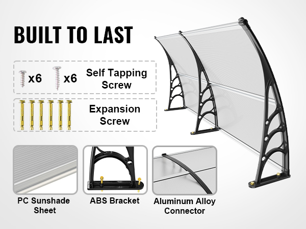 VEVOR window door awning with pc sunshade sheet, abs bracket, and aluminum alloy connector. built to last.