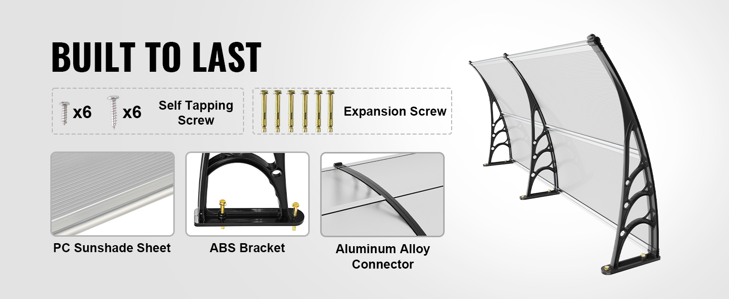 VEVOR window door awning with pc sunshade sheet, abs bracket, and aluminum alloy connector. built to last.