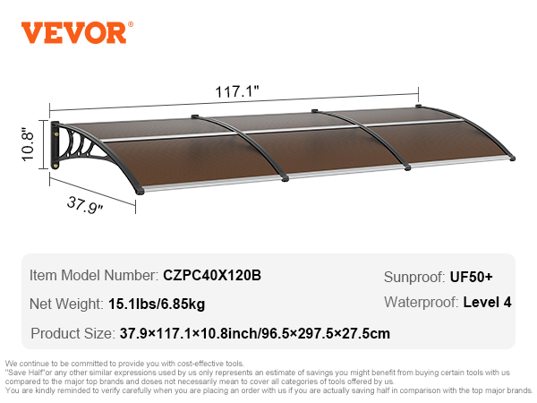 VEVOR door awning, model czpc40x120b, 117.1" length, waterproof level 4, sunproof uf50+, 15.1lbs.