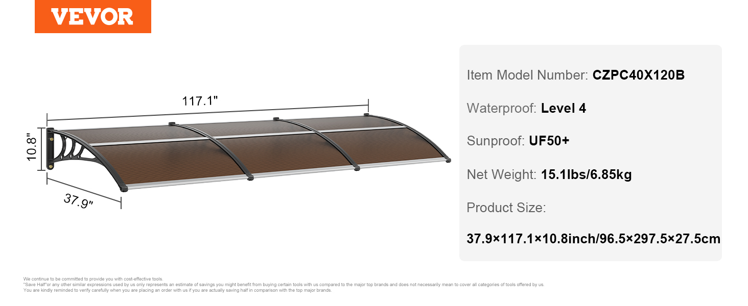 VEVOR door awning, model czpc40x120b, 117.1" length, waterproof level 4, sunproof uf50+, 15.1lbs.