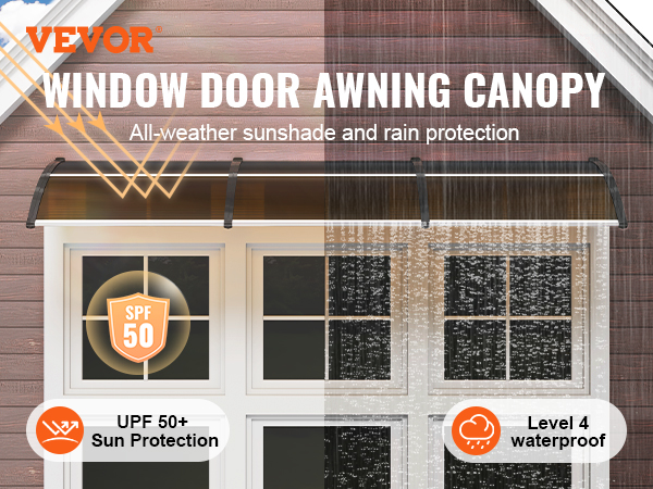 VEVOR door awning canopy offers upf 50+ sun protection and level 4 waterproof rain protection above window.