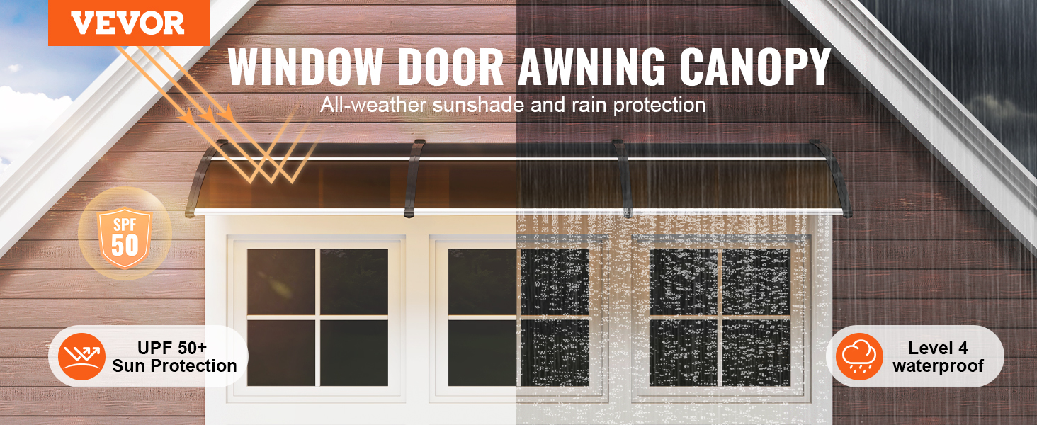 VEVOR door awning canopy offers upf 50+ sun protection and level 4 waterproof rain protection above window.