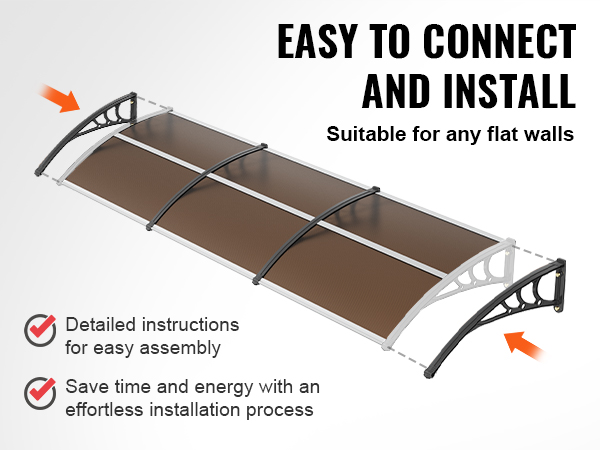 VEVOR door awning: easy to connect and install. suitable for flat walls with detailed and effortless instructions.