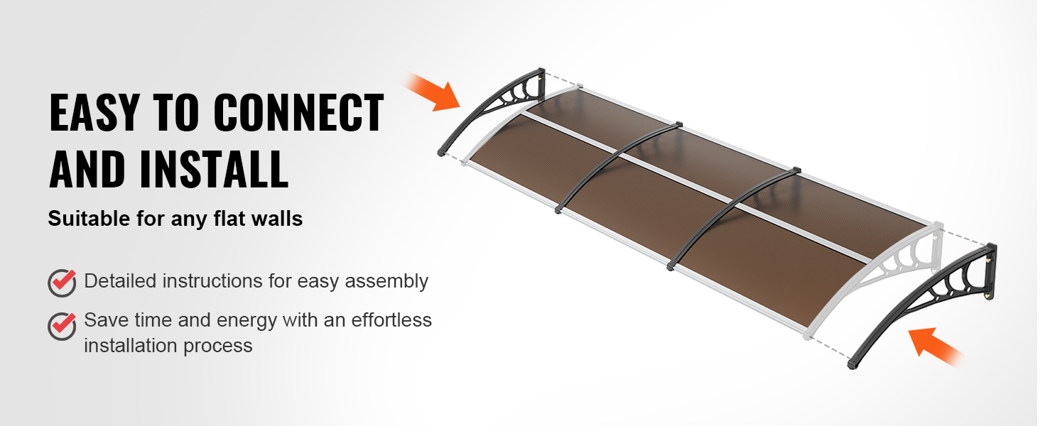 VEVOR door awning: easy to connect and install. suitable for flat walls with detailed and effortless instructions.