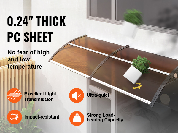 VEVOR door awning with 0.24" thick pc sheet, showcasing ultra-quiet, impact-resistant, strong load-bearing capacity