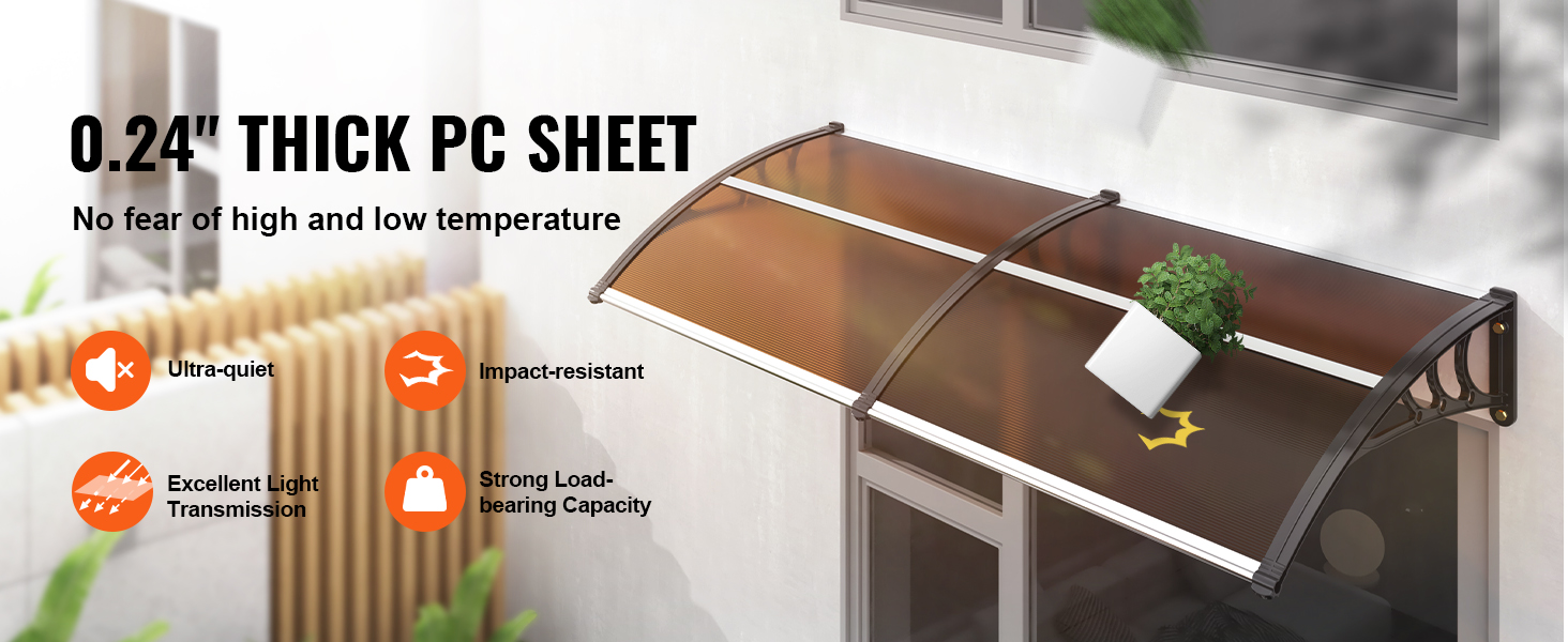 VEVOR door awning with 0.24" thick pc sheet, showcasing ultra-quiet, impact-resistant, strong load-bearing capacity