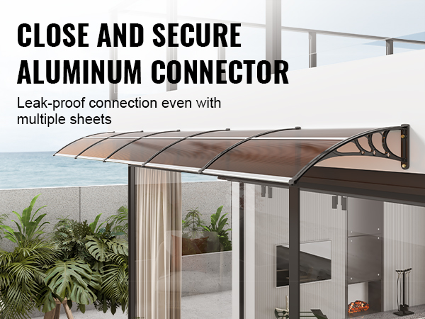 aluminum VEVOR door awning on patio with secure connectors, ocean view, and lush plants