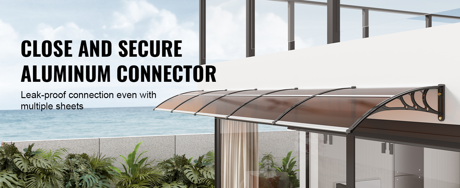 aluminum VEVOR door awning on patio with secure connectors, ocean view, and lush plants