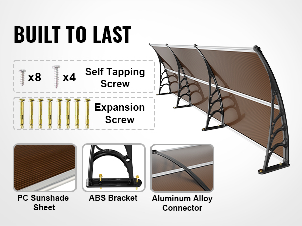 VEVOR door awning features a pc sunshade sheet, abs bracket, aluminum alloy connector, screws for installation.