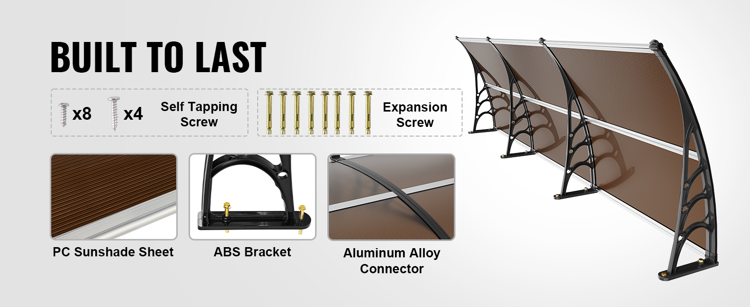 VEVOR door awning features a pc sunshade sheet, abs bracket, aluminum alloy connector, screws for installation.