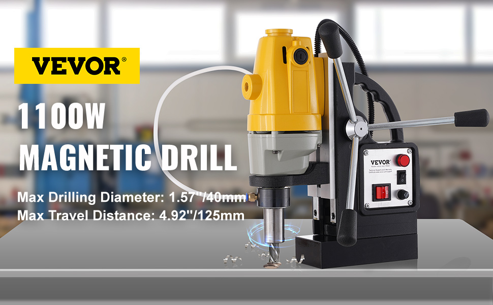 VEVOR magnetic drill press, 1100w with specs on max drilling diameter and travel distance.