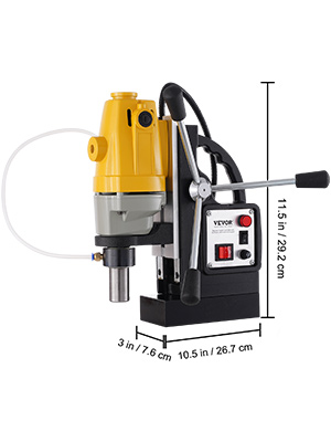 VEVOR magnetic drill press with measurements indicated on the side.