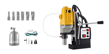VEVOR magnetic drill press with attachments and accessories in a white background.