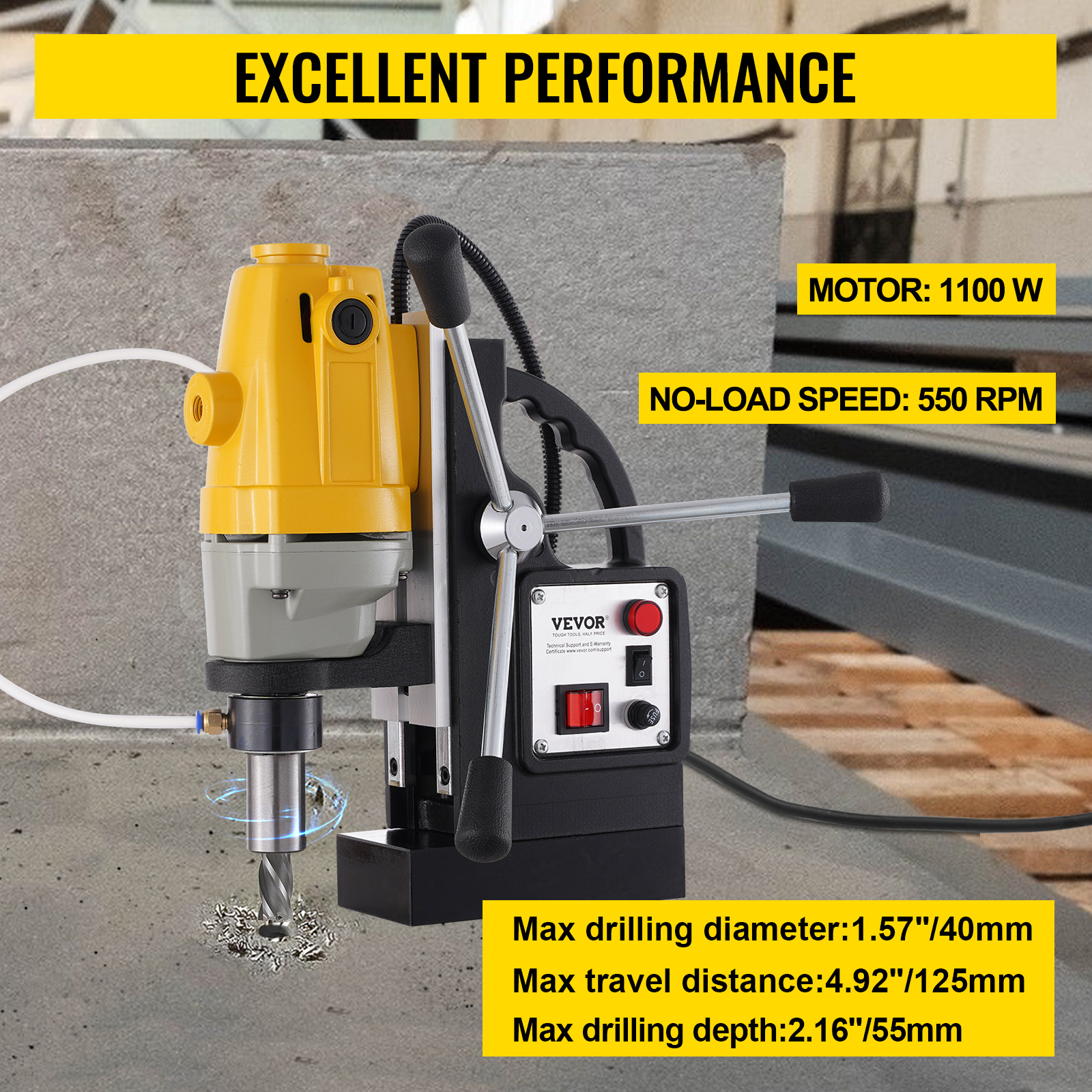 VEVOR magnetic drill press with 1100w motor, 550 rpm, drilling into a concrete wall.
