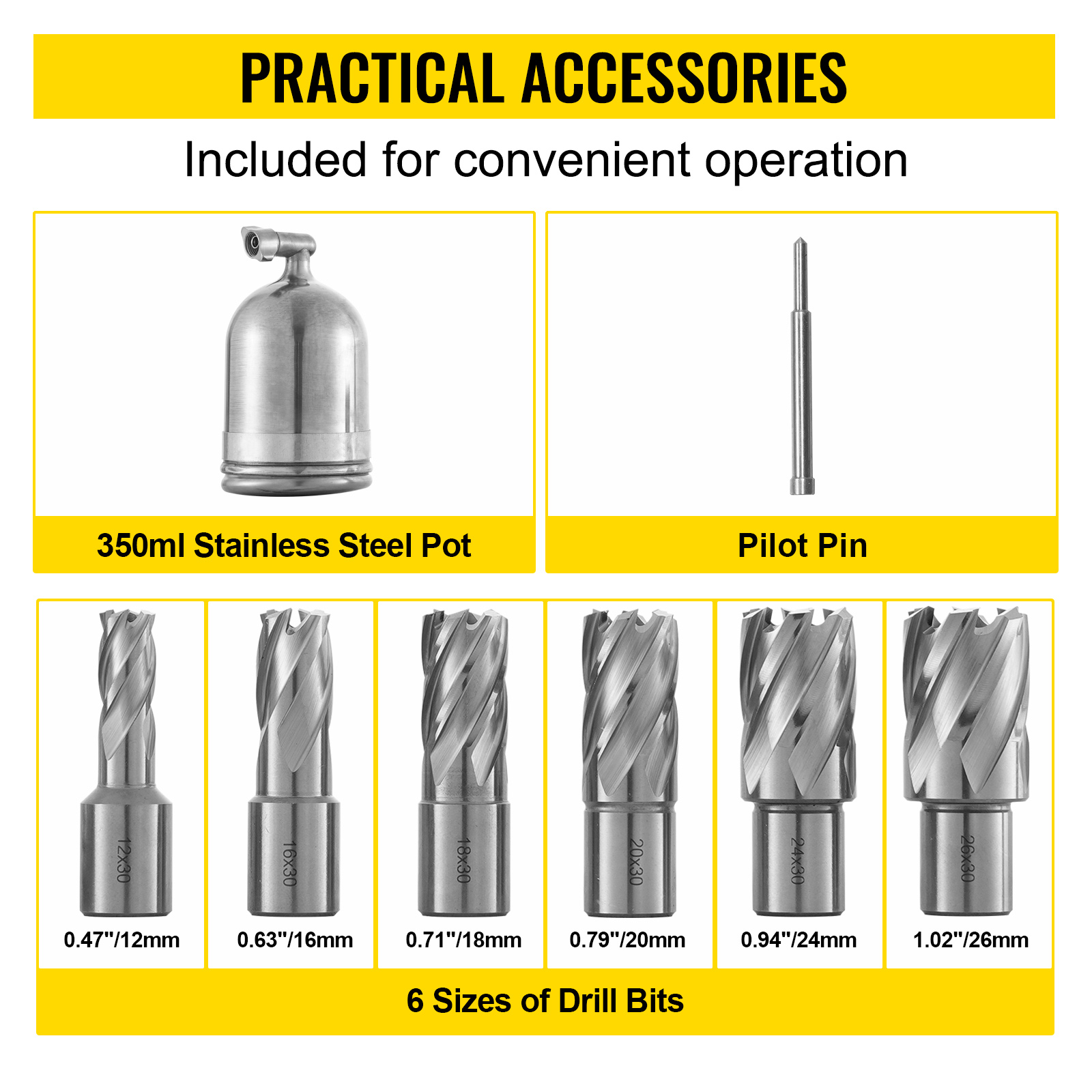 VEVOR magnetic drill press accessories: 350ml stainless steel pot, pilot pin, 6 drill bits.