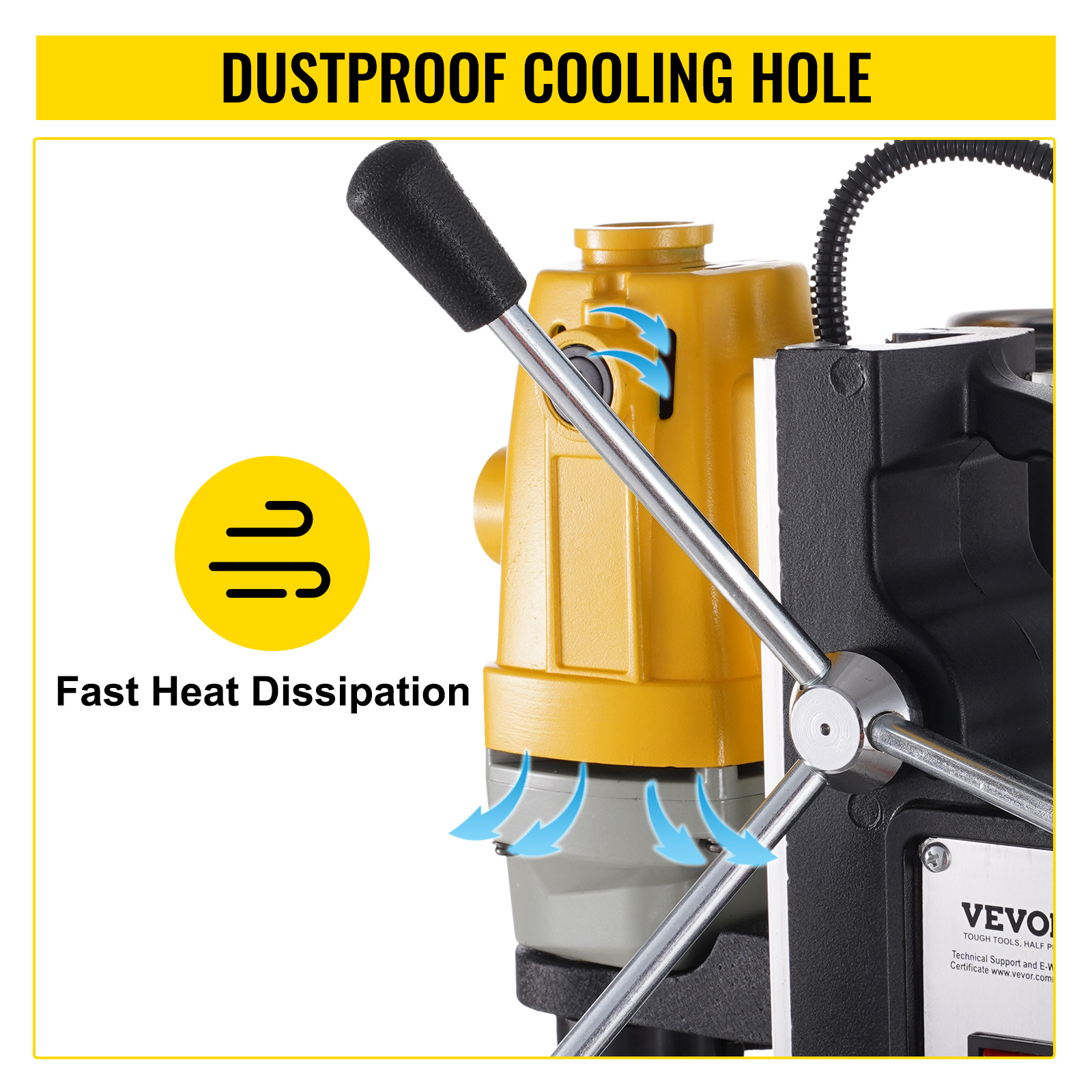 VEVOR magnetic drill press with dustproof cooling holes for fast heat dissipation.