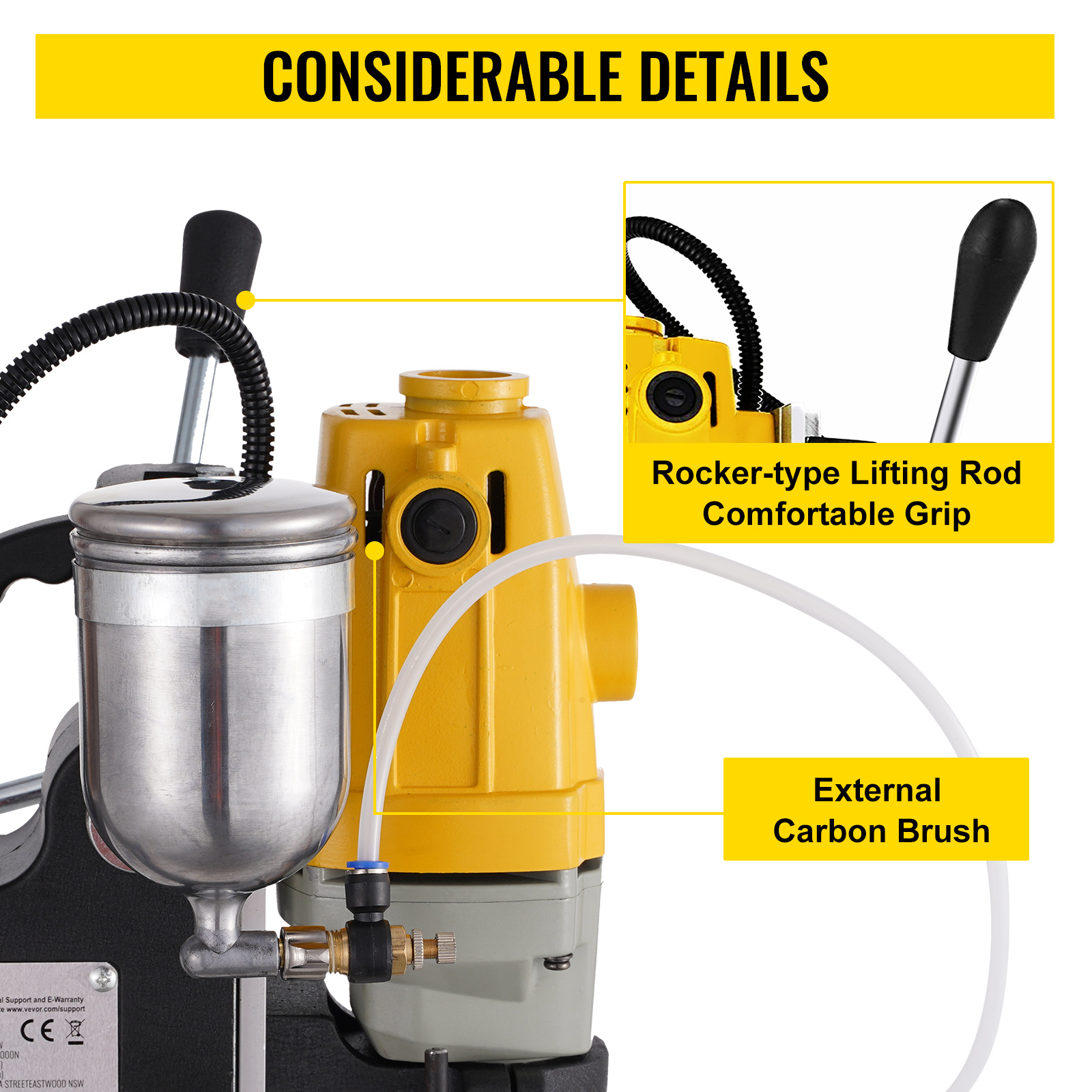 VEVOR magnetic drill press showcasing lifting rod and external carbon brush highlights.