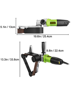 VEVOR pipe tube polisher, green and black with belt attachment, labeled dimensions.