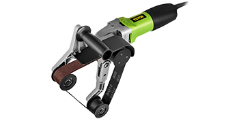 VEVOR pipe tube polisher with green handle, black belt, and adjustable rollers.