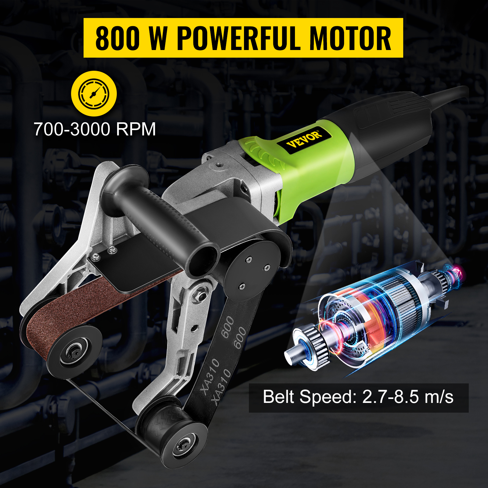 VEVOR pipe tube polisher with 800 w motor, 700-3000 rpm, belt speed 2.7-8.5 m/s.
