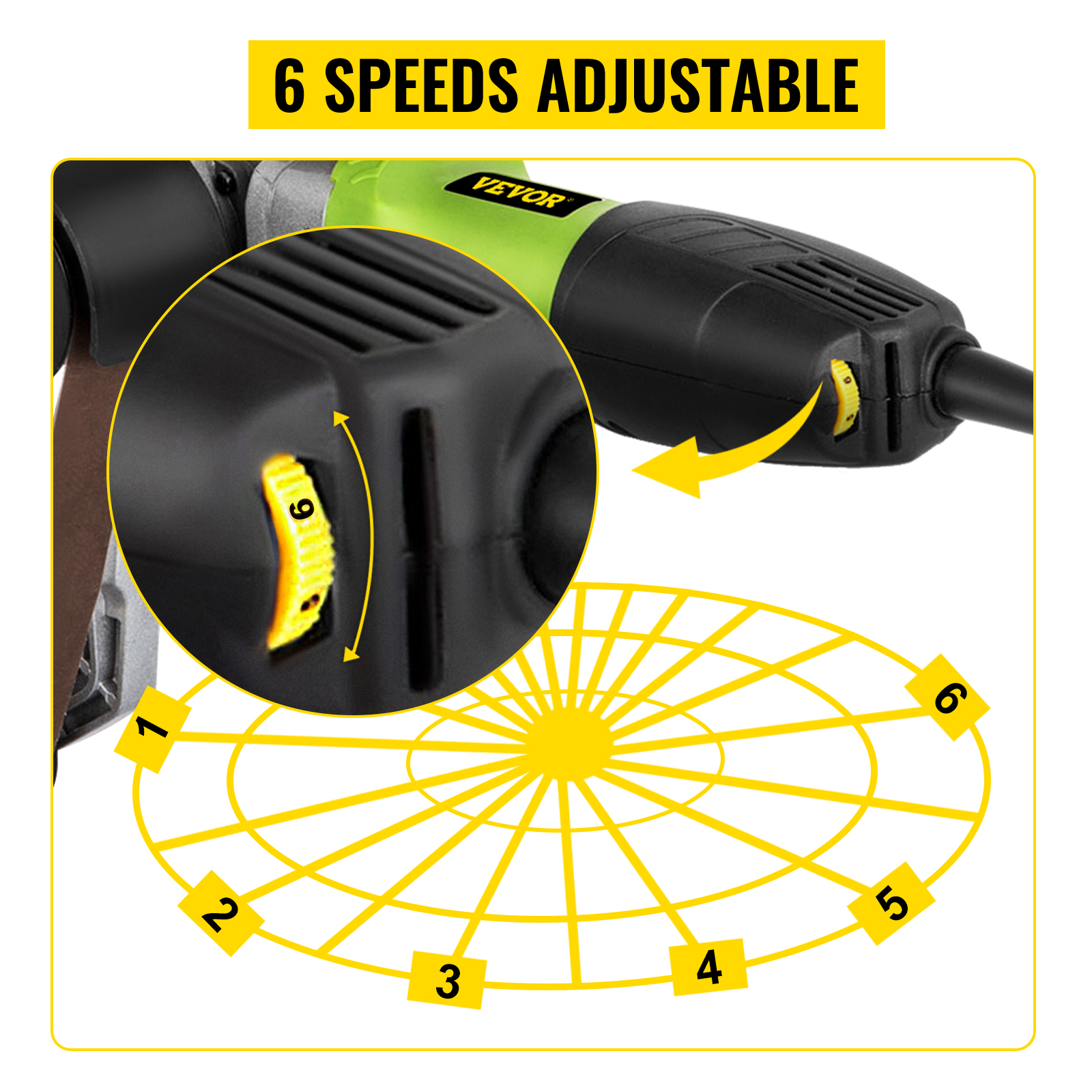 VEVOR pipe tube polisher with 6 adjustable speeds, featuring a close-up of the speed dial.