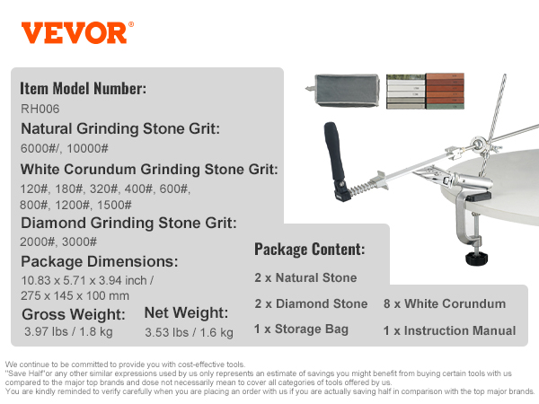 VEVOR knife sharpener kit with grinding stones, storage bag, and instruction manual.