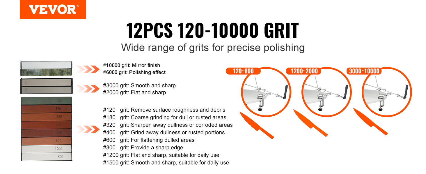 VEVOR knife sharpener kit with 12pcs 120-10000 grit stones for precise polishing.