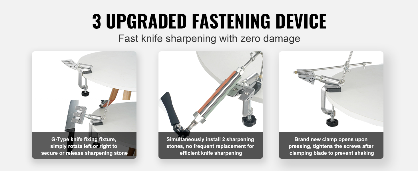 VEVOR knife sharpener kit with 3 upgraded fastening devices for fast and secure knife sharpening.