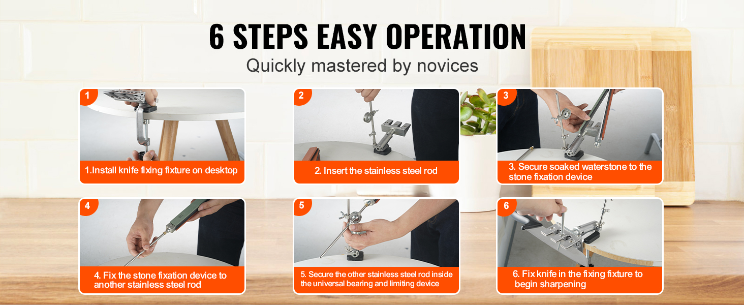 6-step guide to using the VEVOR knife sharpener kit for novices.