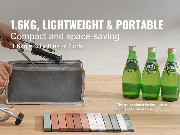 VEVOR knife sharpener kit, lightweight and portable, compared to three bottles of soda (1.6kg).
