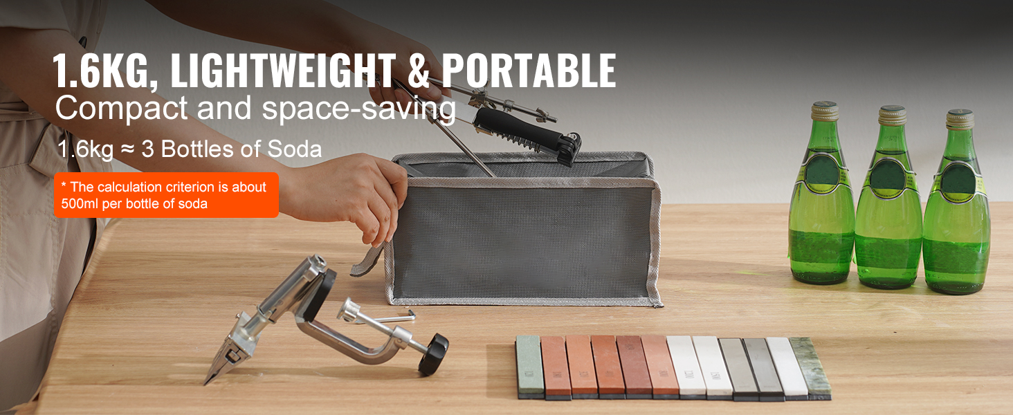 VEVOR knife sharpener kit, lightweight and portable, compared to three bottles of soda (1.6kg).