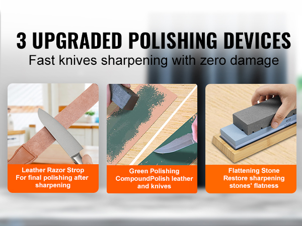 3 upgraded polishing devices for a VEVOR knife sharpening kit. features leather strop, green compound, and flattening stone.