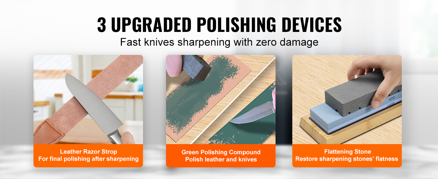 3 upgraded polishing devices for a VEVOR knife sharpening kit. features leather strop, green compound, and flattening stone.