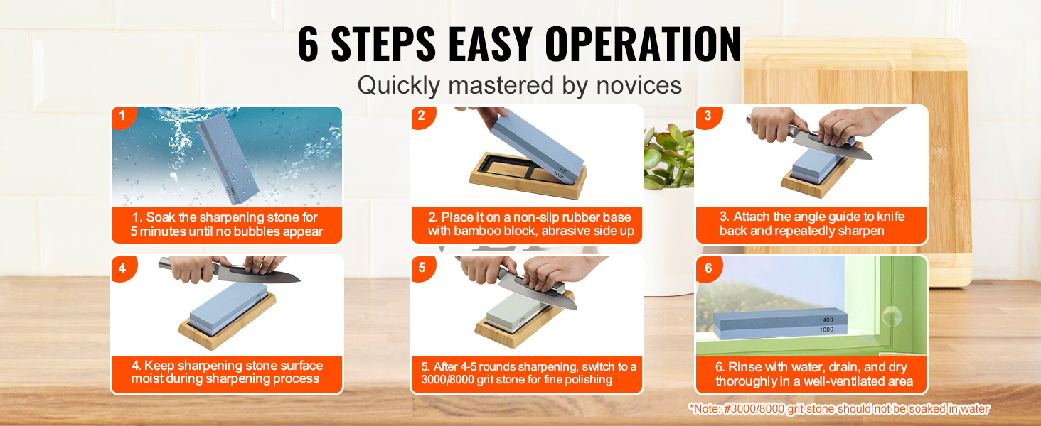 six easy steps to use the VEVOR knife sharpening kit with images showcasing each step.