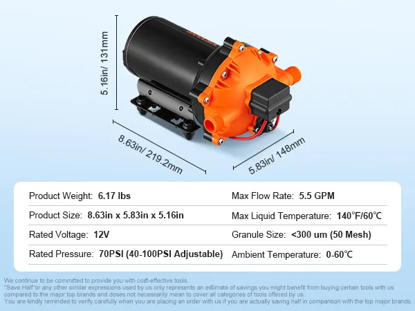 VEVOR 12v water pressure diaphragm pump 70psi, 5.5gpm with accessories, dimensions, and specifications.
