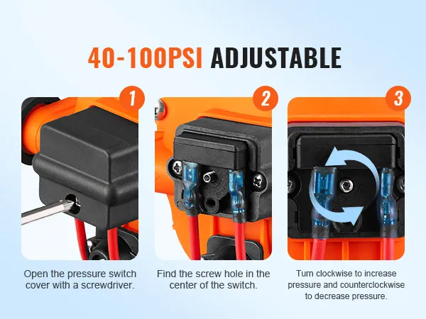 adjust VEVOR 12v water pressure diaphragm pump from 40-100 psi by turning the screw on the switch.